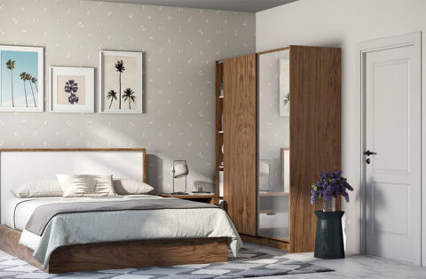 A budget-friendly bedroom design integrating a wooden bed frame and a matching wardrobe design, which packs elegance with functionality