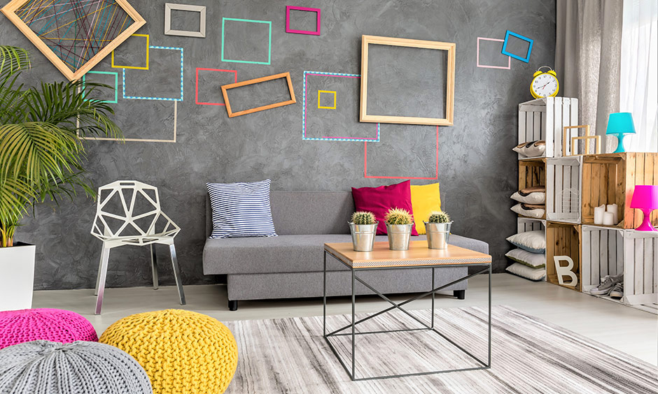 Eclectic pop wall design with tape creates a vibrant accent wall with colourful rectangular patterns.