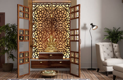 Pooja mandir jali design ideas enhancing modern interior elegance.