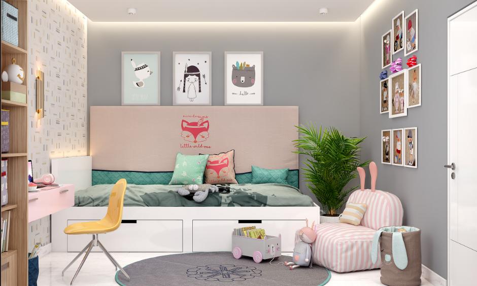 Functional and colorful kids' bedroom design featuring playful decor, smart storage, and a study corner.