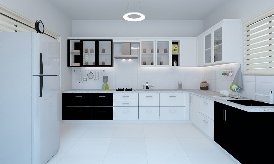 Glossy black and white aluminium kitchen cabinet colour with sleek, premium handles.