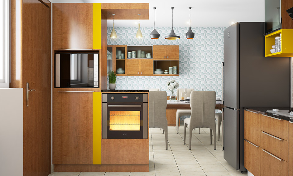Wood-grain aluminium kitchen cabinet with warm tones and durable, rustproof design.