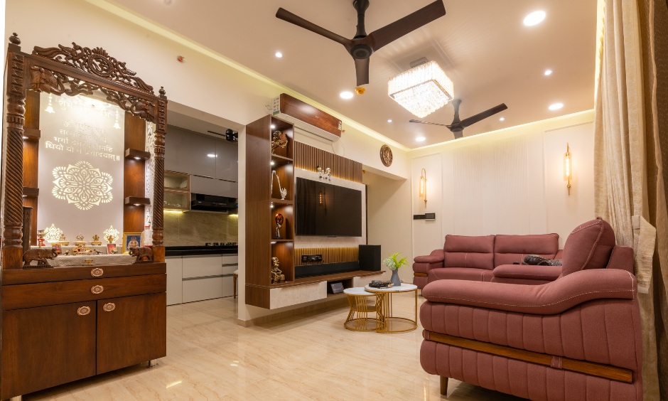 Modern-traditional blend living room for Rohan & Seena at VTP Leonara D, Mahalunge, Pune