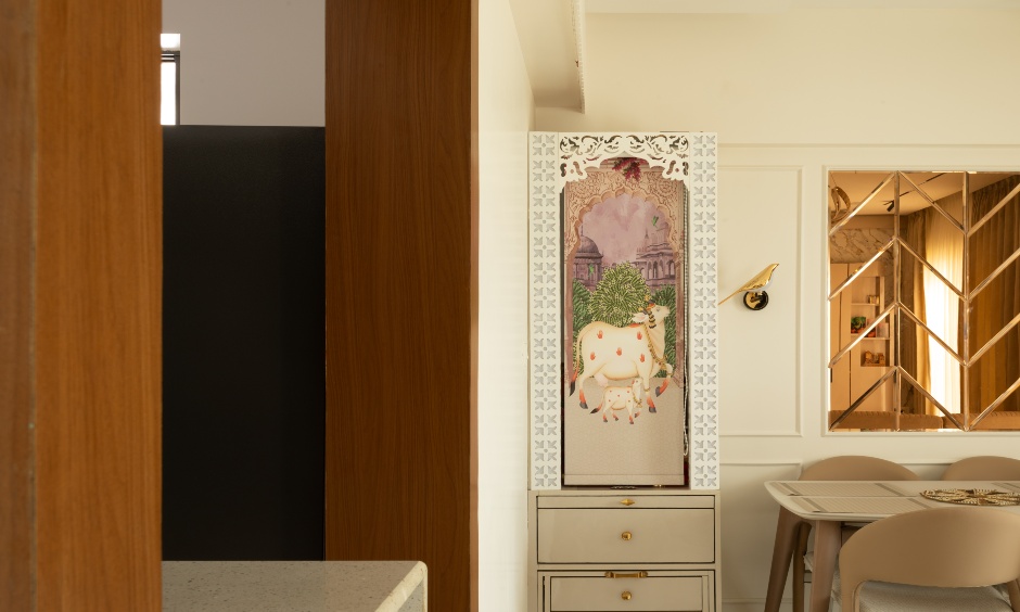 Custom mandir design with intricate wooden jaali work, built into the completed interior project at Joyville Sensorium, Hinjawadi