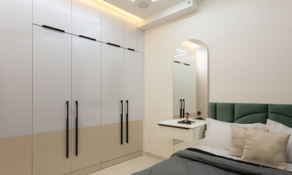 Master bedroom interior with a custom floor-to-ceiling wardrobe in the completed apartment project at Joyville Sensorium.