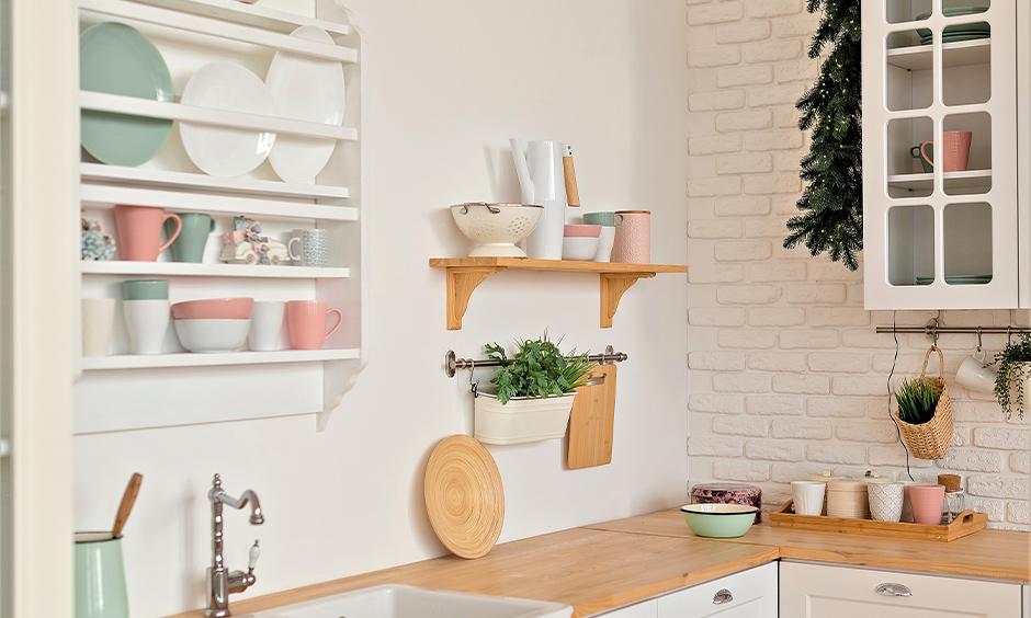Floating shelves used as budget-friendly storage and decor