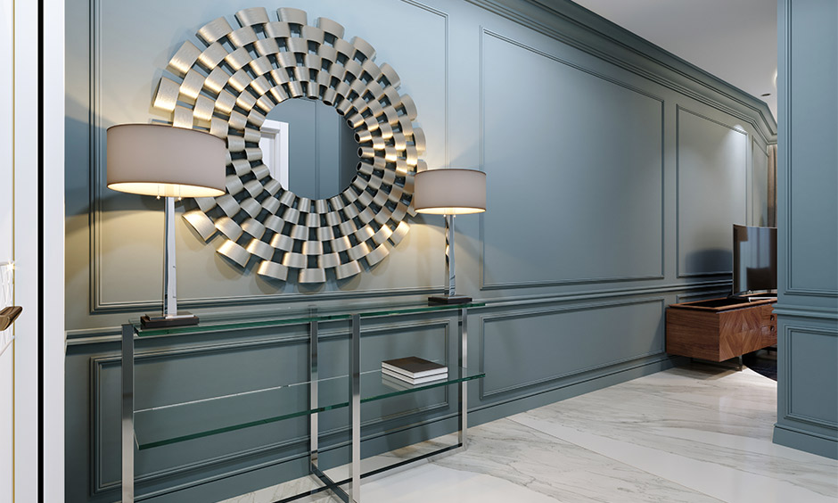 Mirrors used to brighten and elevate a narrow hallway affordably