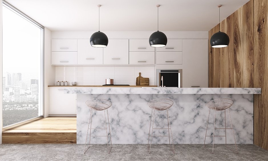 Light grey marble kitchen countertop which is smooth and water resistant