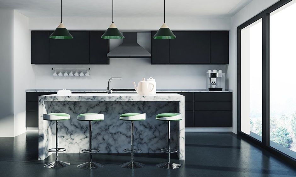 Party perfect marble countertop kitchen island for a contemporary look