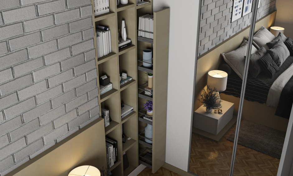 Bedroom layout with sleek vertical storage to maximise functionality