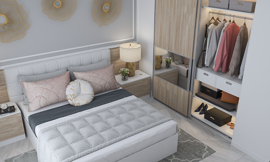 Bedroom layout which showcases soft neutral tones for a serene look