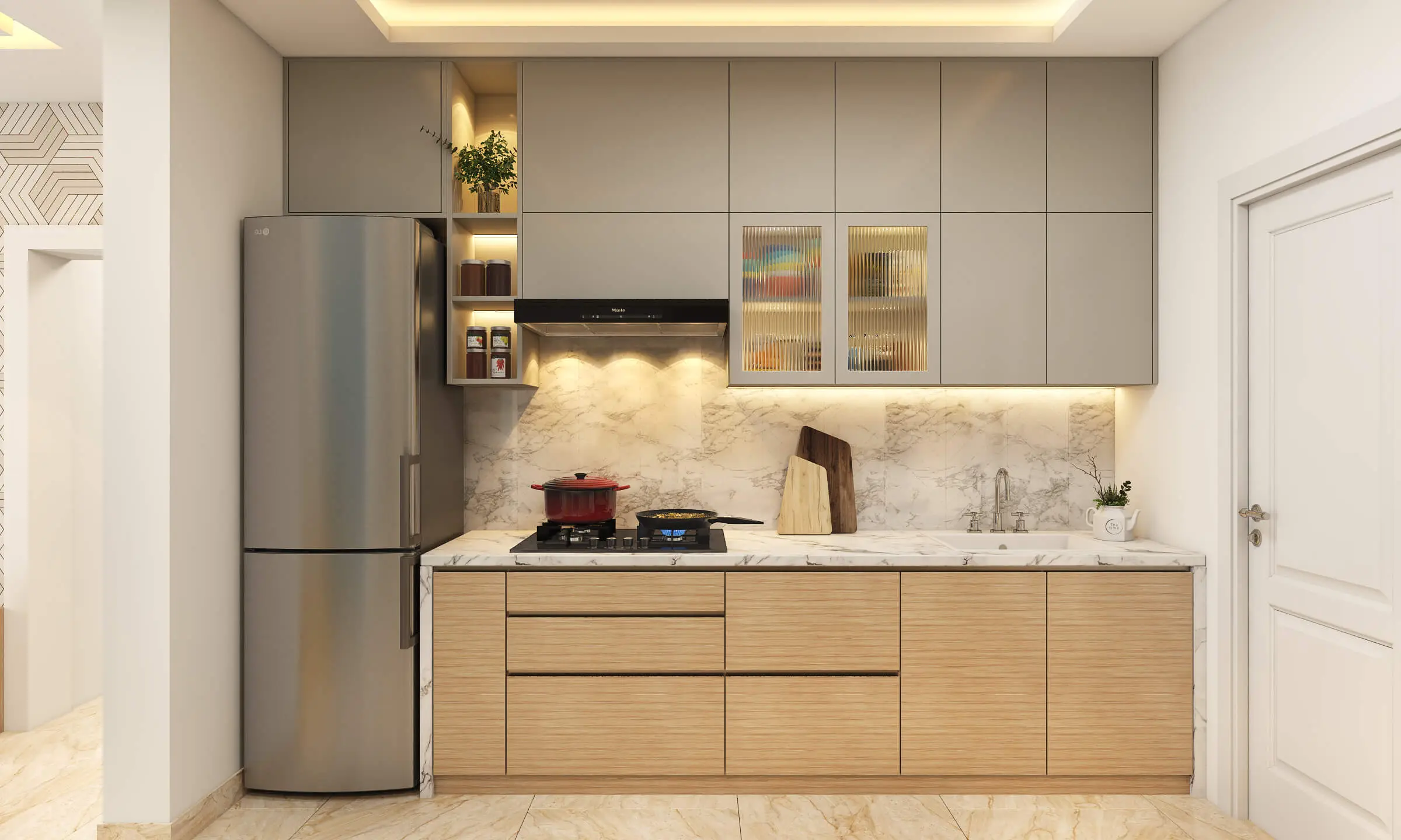 Straight modular kitchen with wooden cabinets and marble backsplash ideal for cost calculator