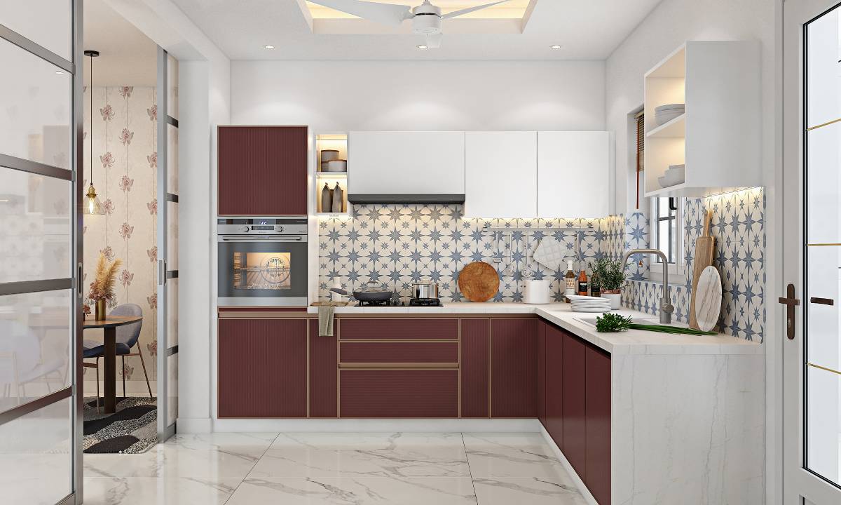 L-shaped kitchen in wine and white tones