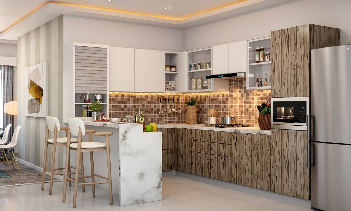 L-shaped kitchen with earthy textures