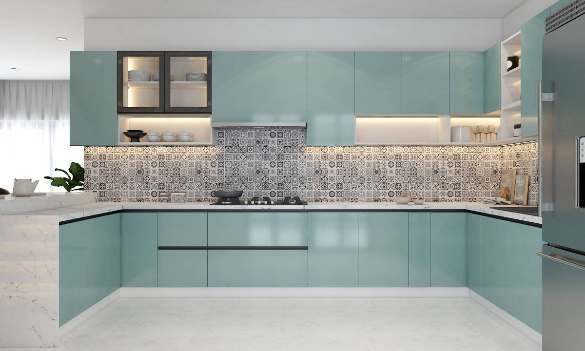 Aqua-finish U-shaped modular kitchen layout that supports estimate cost of modular kitchen