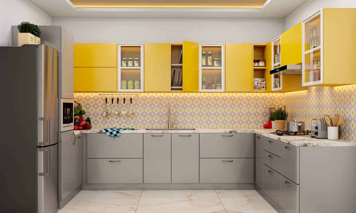 Modern U-shaped kitchen in yellow and grey tones