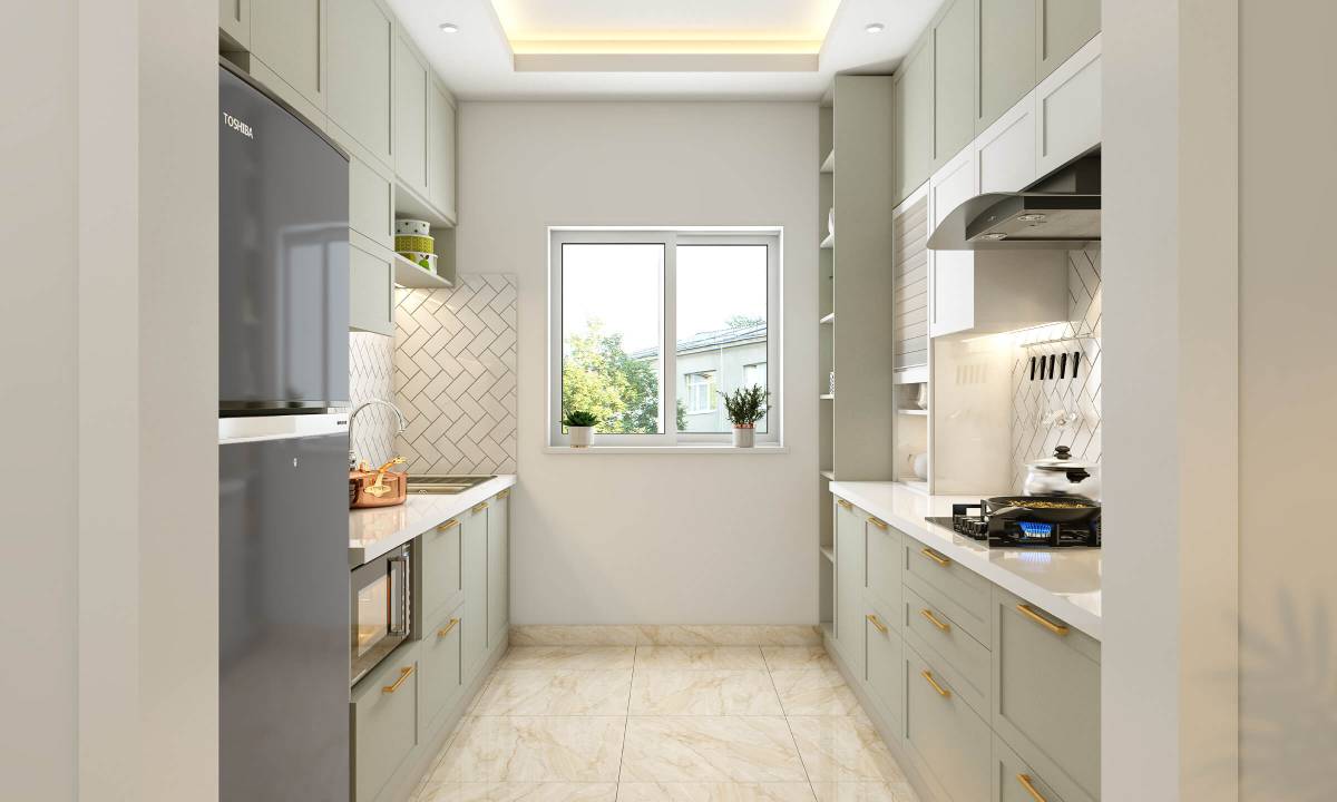 Minimal grey parallel modular kitchen design with layout details for kitchen price estimation