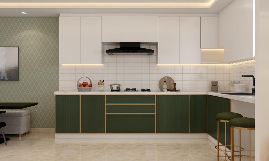 Kitchen interior design trend which has green and white cabinets and open layout