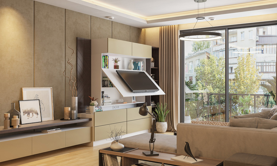 Multifunctional TV storage unit with a lift‑up panel revealing a built‑in bookshelf.