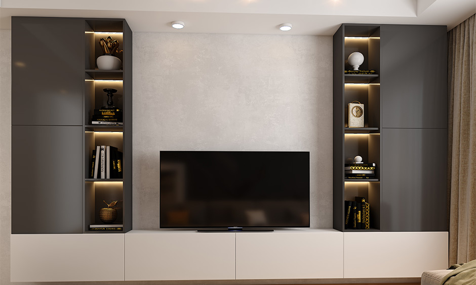 TV unit with side storage cabinets, open shelves, and built-in lighting for a tidy vertical living room arrangement