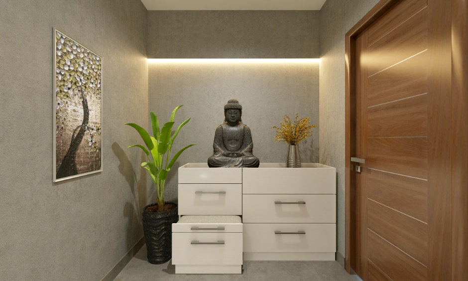Modern entryway with a traditional buddha statue for an elegant look