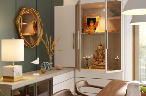 Modern interior design with a traditional mandir for a beautiful home