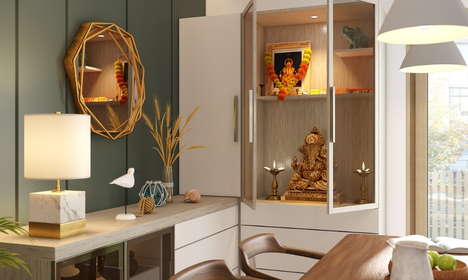 Modern interior design with a traditional mandir for a beautiful home