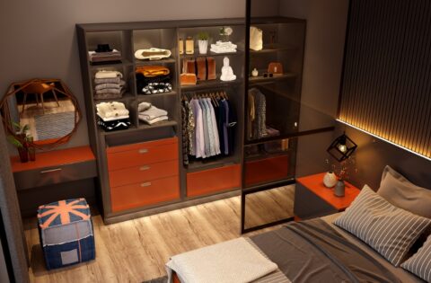 Modern modular wardrobe design with glass shutters and storage drawers in a stylish bedroom.