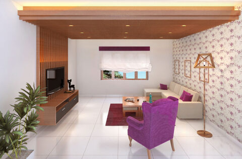 Modern wooden false ceiling design for a low-height living room.