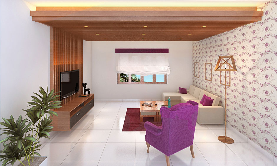 Modern wooden false ceiling design for a low-height living room.