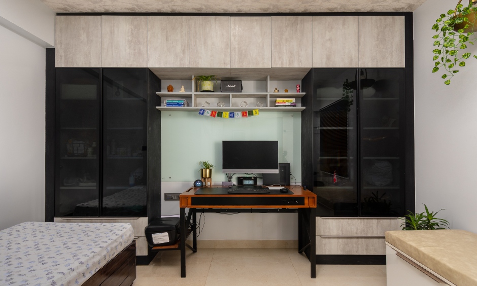 Warm clutter‑free home workspace with smart storage at Hallmark Vicinia Villa, Narsingi Hyderabad.