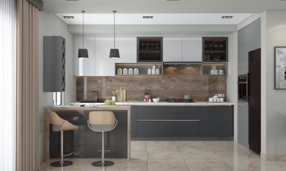 Charcoal grey kitchen colour combination with white backsplash and wood for a Japandi style.