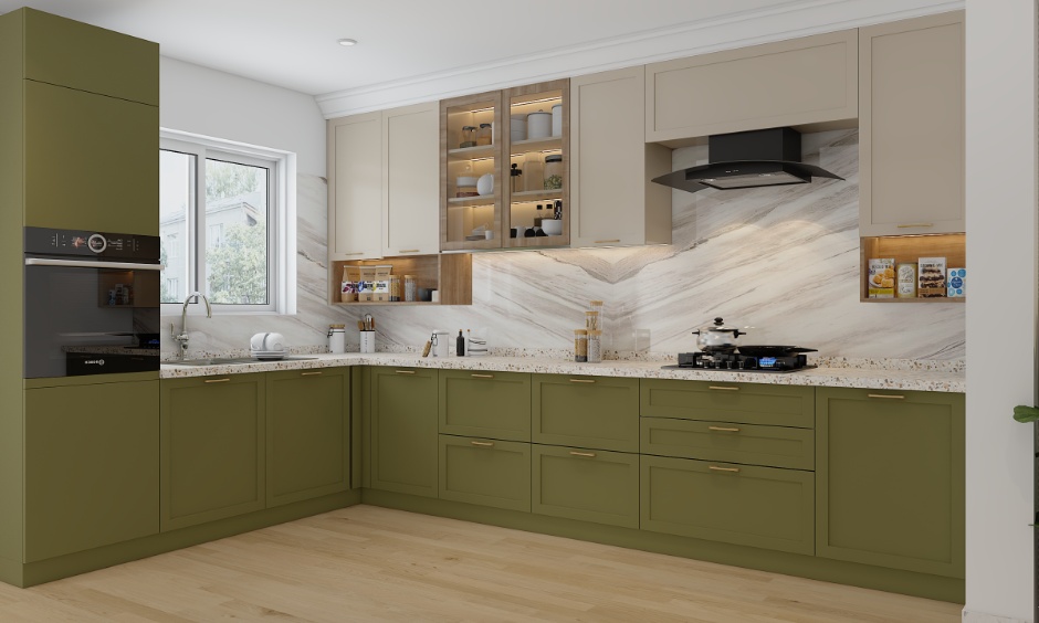 Scandinavian kitchen with a soothing latest colour combination of sage green and cream cabinets.
