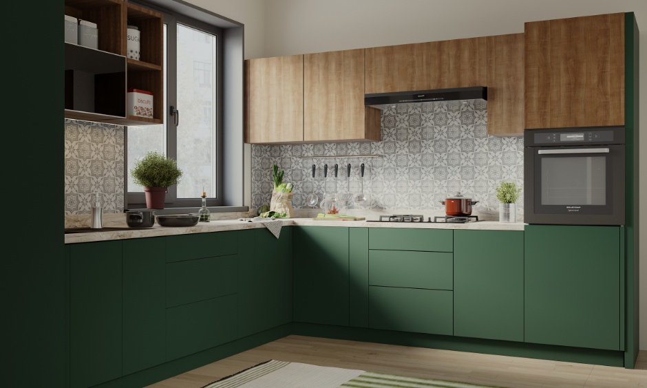 Top-trending kitchen colour combinations with nature-inspired greens and wood accents.