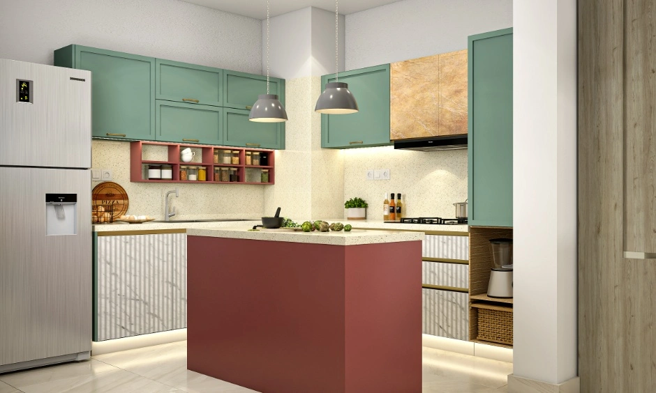 Sage green cabinets contrast with a terracotta island in this warm modular kitchen.