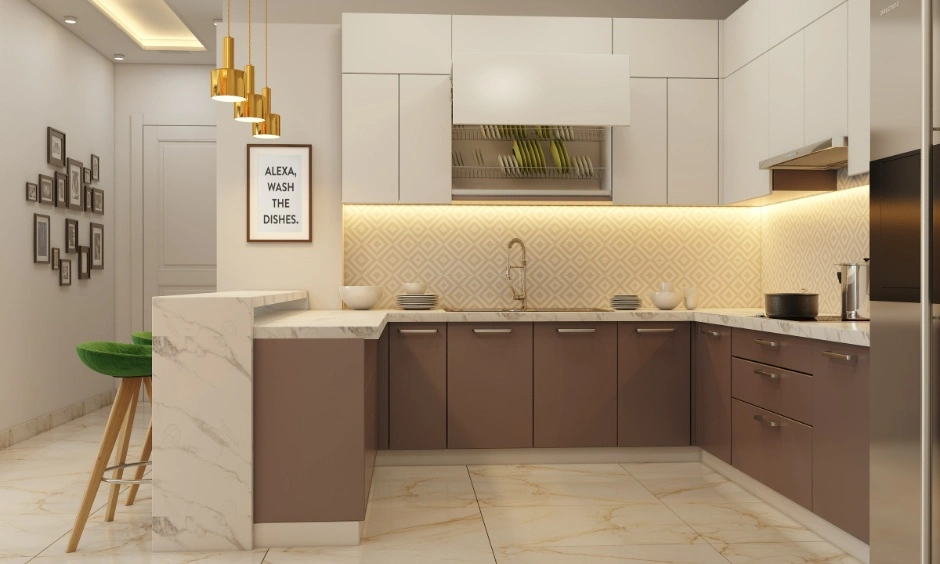 Warm brown base cabinets are balanced by crisp white overhead units and a lighter backdrop. 