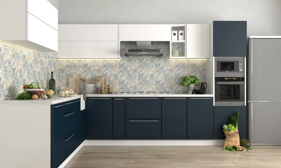 Dark blue lower cabinets contrast with white upper storage for a practical two-tone modular kitchen. 