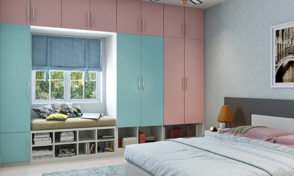 Membrane finish wardrobe in soft pastel shades featuring smooth contours and a moisture-resistant surface.