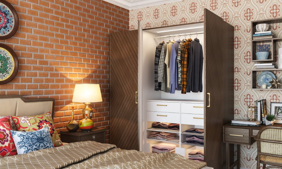 The textured laminate wardrobe adds a rustic charm to this classic, yet modern bedroom.
