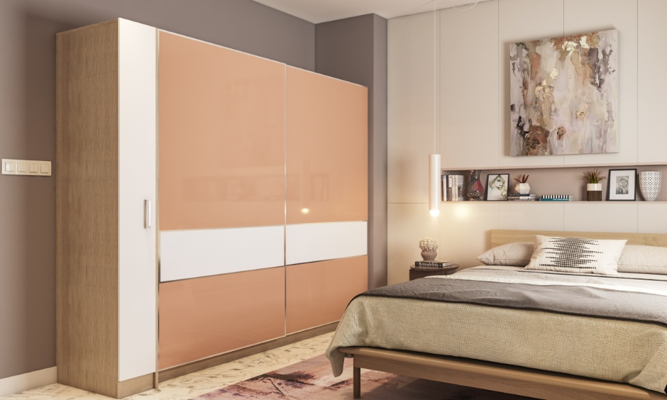 Acrylic finish wardrobe in soft peach tones featuring a smooth, glossy surface that is durable and moisture-resistant