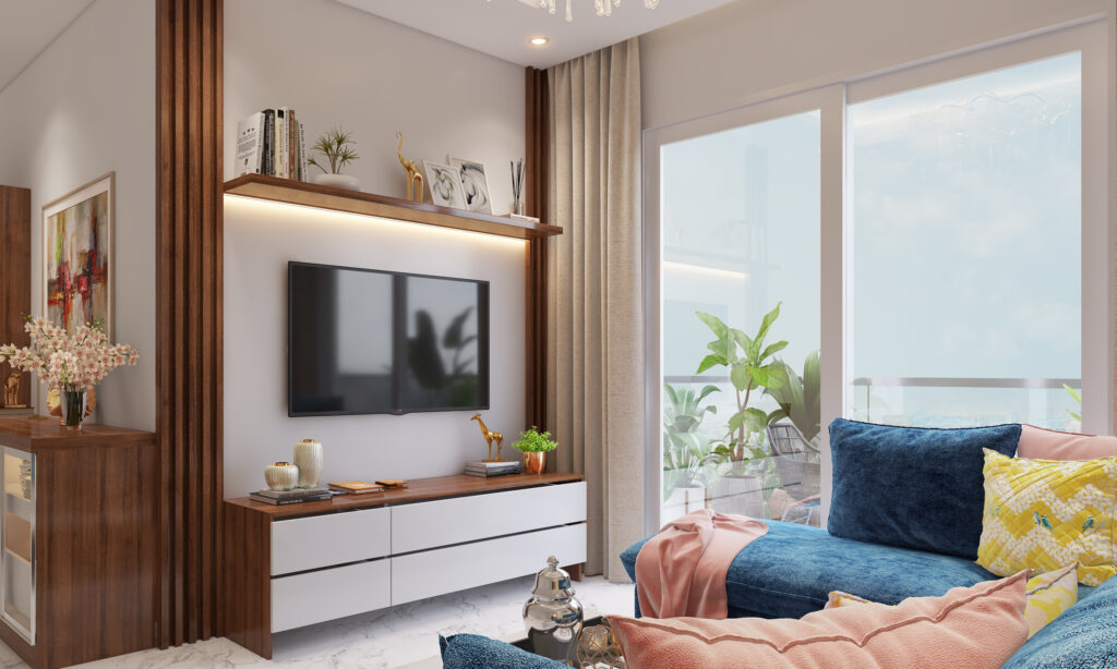 Laminate and veneer finish TV unit with modular storage options