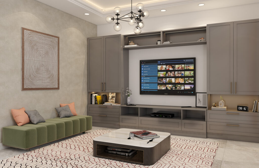 Modern wooden TV unit design with sleek open shelving and white feature wall.