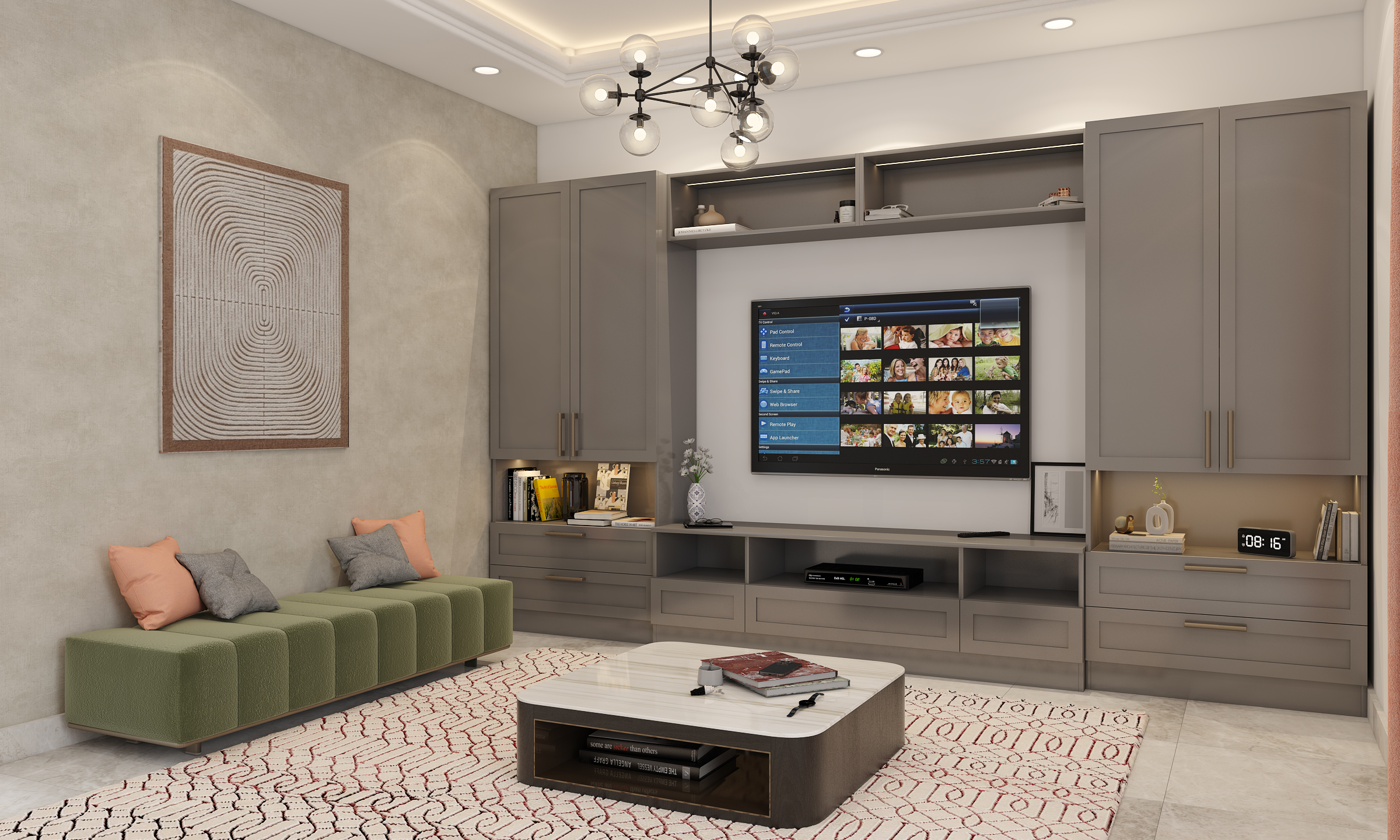 Modern wooden TV unit design with sleek open shelving and white feature wall.