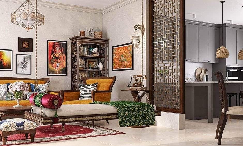 Mysore design trends blending royal antiques with modern minimalist living room style.