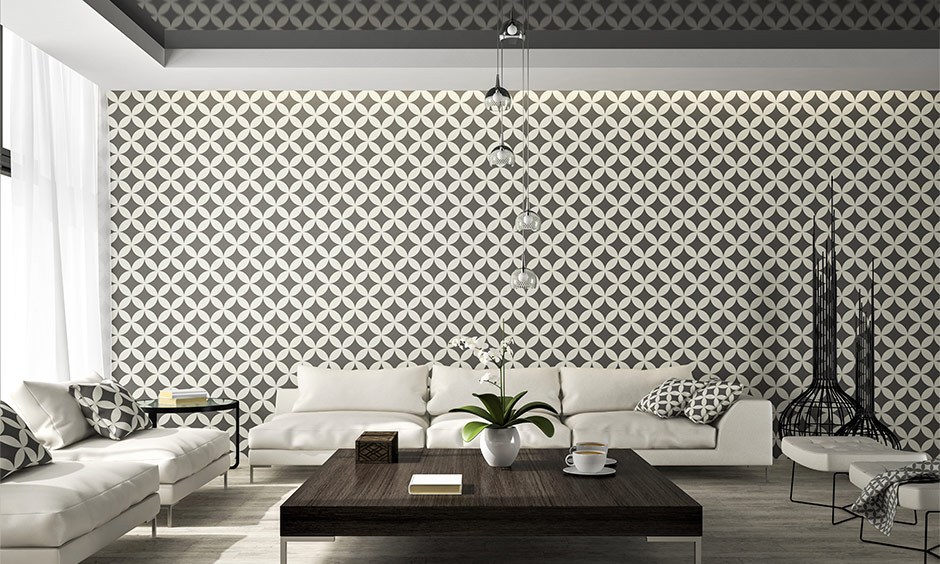 Modern geometric wallpaper designs for the living room for a monochromatic look