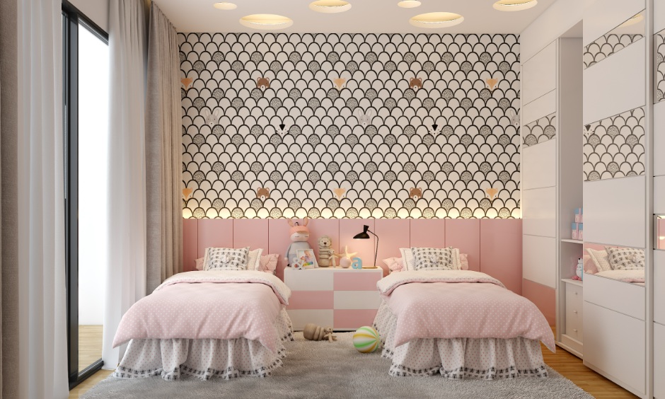 Simple kids' room design for two kids in a pastel theme reflecting calm and comfort