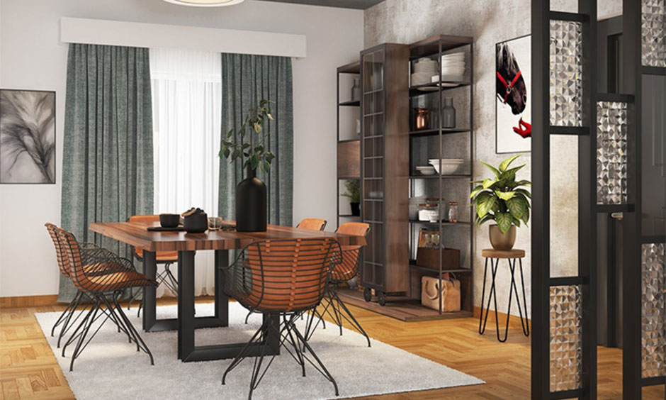 A black-legged dining table with a wooden top