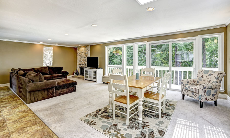 Small dining room ceiling design with awkwardly placed skylights