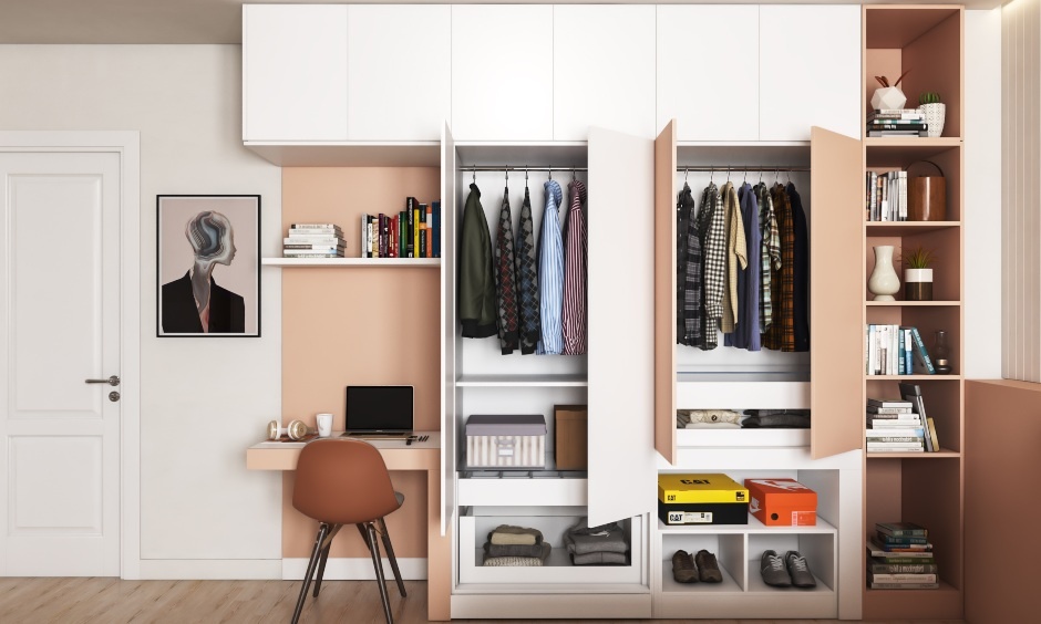 Multi-functional wardrobe storage designed to maximise space while reducing overall wardrobe making cost.