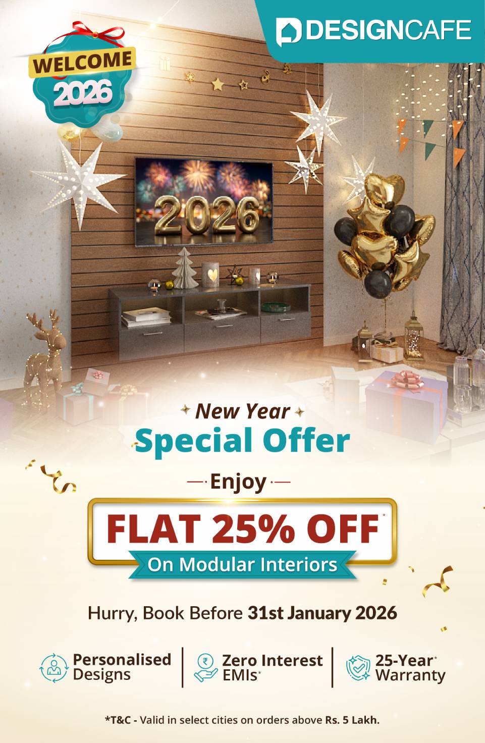DesignCafe Freedom Special Offer: 25% OFF on Home Interiors.